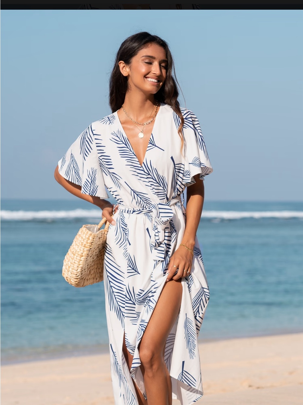 Women’s White & Navy Leaf Print Beach Cover-Up Dress